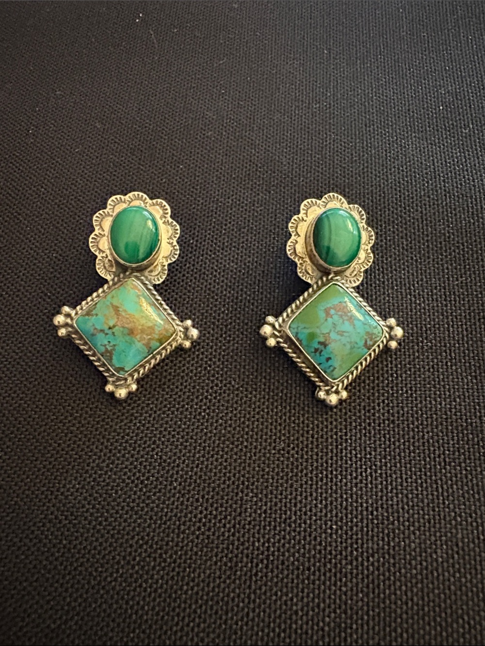 Beautiful Navajo Turquoise and Malachite Sterling Silver Earrings by Etta Endito